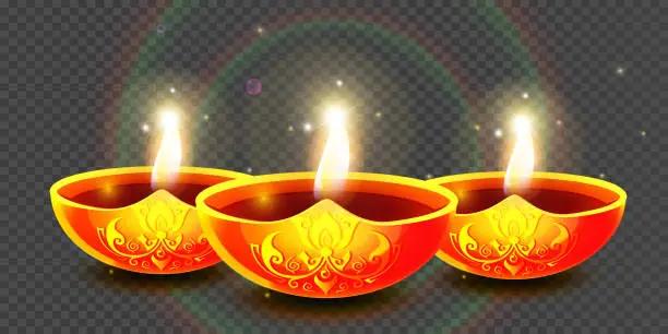Vector illustration of Deepavali or Diwali light festival concept in realistic style. Oil lamps with indian hindu religion ornament with burning candle wick and rangoli decoration on isolated background.