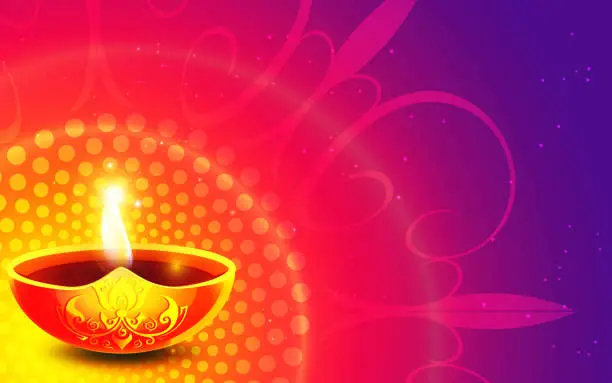 Vector illustration of Deepavali or Diwali light festival concept in realistic style. Oil lamp with indian designs of hindu religion with burning candle wick and rangoli decoration on abstract colorful festive background with ornaments.