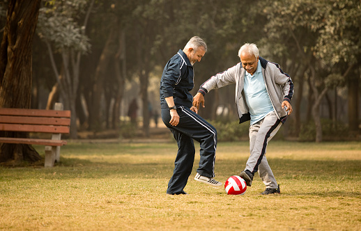 Two old men having fun playing with ball on green grassy lawn