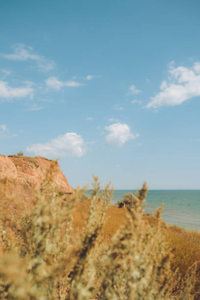 Amazing landscape with sea bay, sand beach and coastal hills and rocks at summer. Trip to seaside.