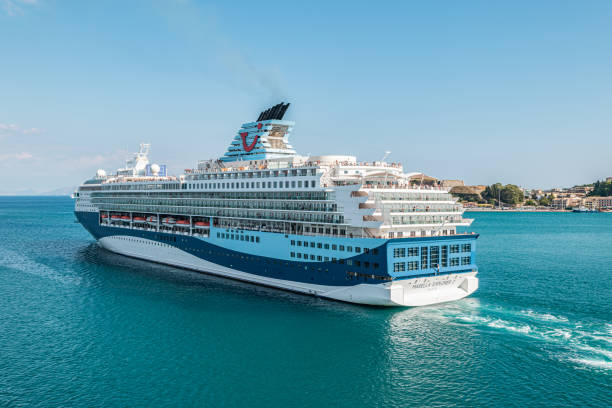 Corfu, Greece - September 6, 2022: Adults only Cruise ship Marella Explorer 2 of TUI Cruises sailing away from Corfu, Greece.