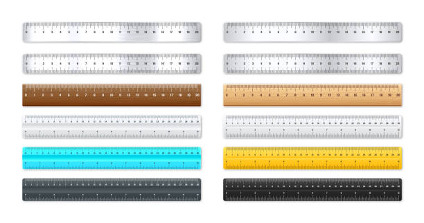 측정 스케일과 분할, 측정 마크가있는 현실적인 다양한 금속 및 플라스틱 눈금자. 학교 통치자, 길이 측정을 위한 센티미터 및 인치 스케일. 사무용품. 벡터 그림 - 눈금자 stock illustrations