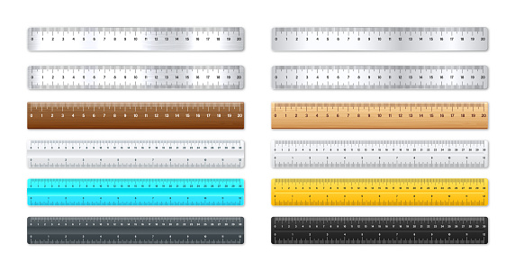 Realistic various metal and plastic rulers with measurement scale and divisions, measure marks. School ruler, centimeter and inch scale for length measuring. Office supplies. Vector illustration.