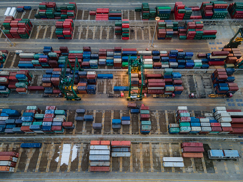 An aerial view of the global container terminal at dusk