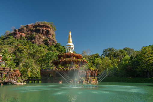 Phu Thok or Chetiyakiri Temple Beautiful mountain with rocky cliffs in Bueng Kan Province, Thailand.