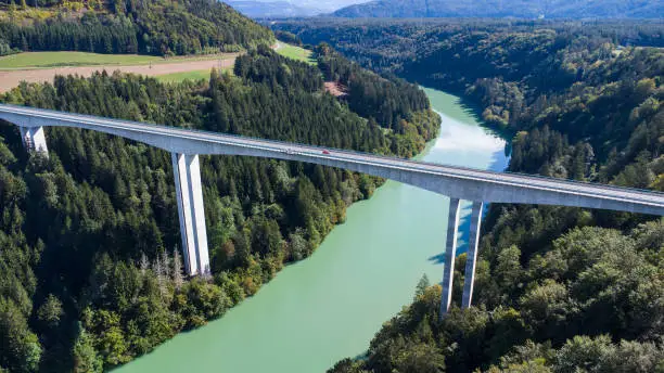 Aerial view of the Jauntal road bridge over the river Drau in Carinthia in Austria