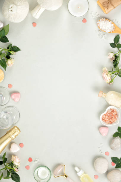 Romantic SPA background with natural cosmetic and champagne stock photo