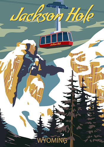 Jackson Hole Travel Ski resort poster vintage. Wyoming USA winter landscape travel card, ski lift gondola, view on the snow mountain, retro. Vector illustration