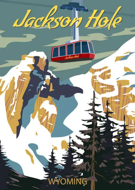 Vector illustration of Jackson Hole Travel Ski resort poster vintage. Wyoming USA winter landscape travel card