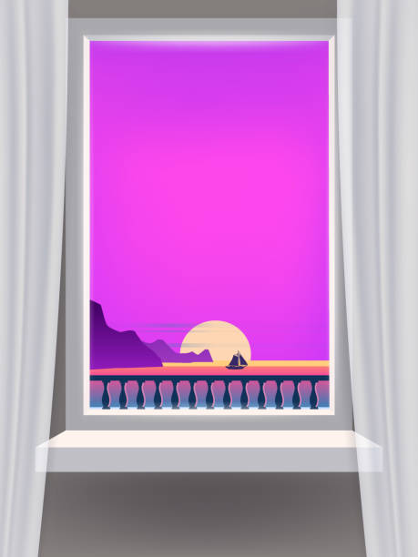 istock Window view interior, minimal tropical landscape, sunset, cloud, sea, ocean, sailboat 1455028900