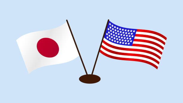 ilustrações de stock, clip art, desenhos animados e ícones de developing flags of the usa (united states) and japan, standing on the same stand - japanese flag flag japan japanese culture