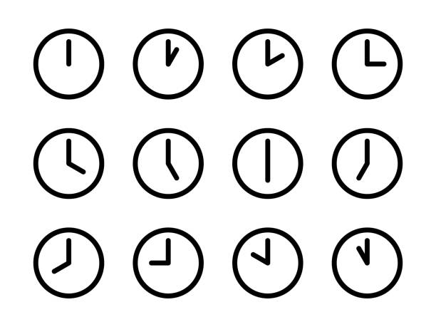 ilustrações, clipart, desenhos animados e ícones de conjunto de ícones de relógios de ponto mundiais. doze relógios mostrando o tempo formam de uma a doze horas - computer icon symbol black clock