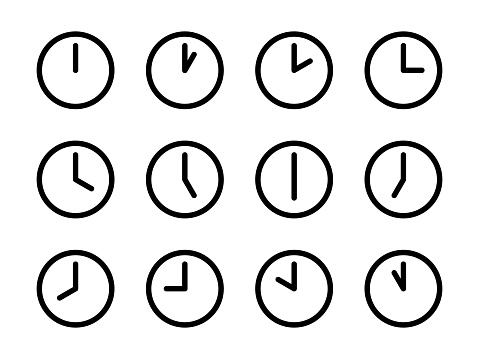 Time zone clock icons set with editable stroke. Bold easy-to-read design, perfect for use in a variety of time related contexts including business, personal organization, time management, scheduling, and time-keeping applications. Carefully layered and grouped for easy editing.