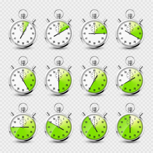 istock Realistic classic stopwatch icons. Shiny metal chronometer time counter with dial. Green countdown timer showing minutes and seconds. Time measurement for sport, start and finish. Vector illustration 1455031414