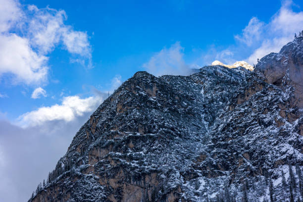 Snow and sun in the same day at the Braies Lake, Trentino Alto-Adige, Italy