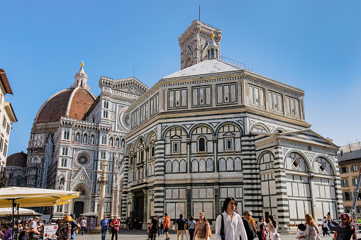 Florence, Tuscany, Italy - October 18, 2022: Basilica of Santa Maria del Fiore (Basilica of Saint Mary of the Flower) on Piazza del Duomo.