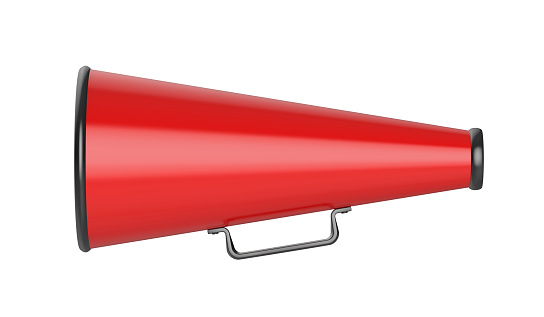 Side view of red vintage megaphone, isolated on white background