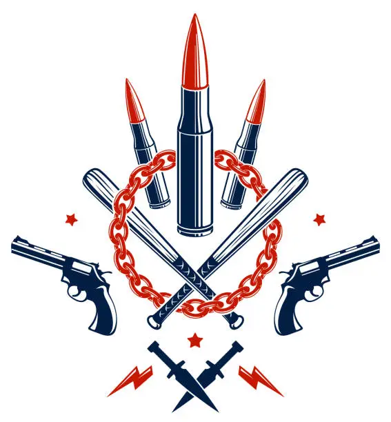 Vector illustration of Revolution and War vector emblem with bullets and guns, logo or tattoo with lots of different design elements, riot partisan warrior, criminal and anarchist style, social tension theme.