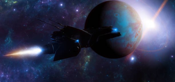 istock Spaceship traveling between planets of distant galaxies. Exploration of planets. Sci-fi. Conquer new worlds 1455034423