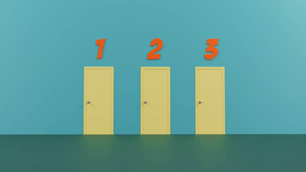 Three doors with numbers above them stand in a row. Which one will you pick? Concept of choices.