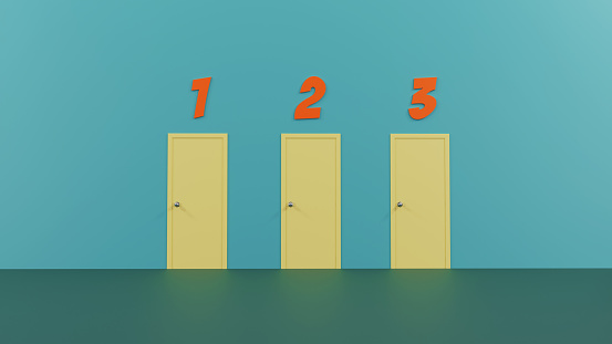 Three doors with numbers above them stand in a row. Which one will you pick? Concept of choices.