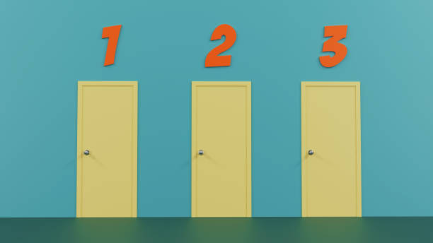 Three doors with numbers above them stand in a row. Which one will you pick? Concept of choices.