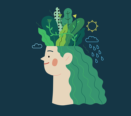 Ecology - Think green -Modern flat vector concept illustration of a young woman's head planted with trees and flowers, a metaphor of sustainable thinking. Creative landing web page template