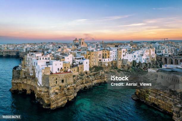 Polignano A Mare Puglia Italy Aerial View At Sunset Stock Photo - Download Image Now