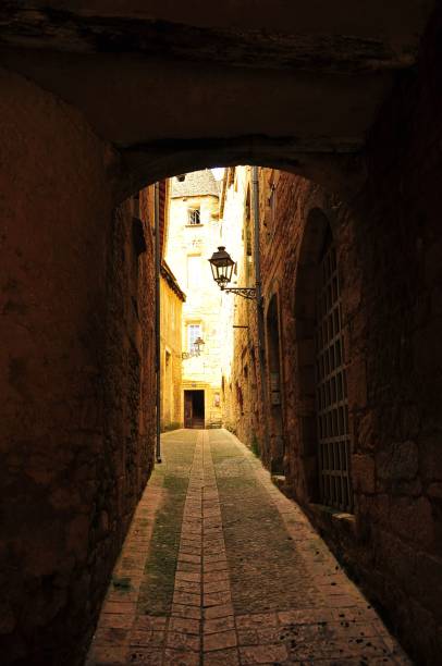 istock Vertical shot of an empty narrow footpath with old buildings. 1455036918