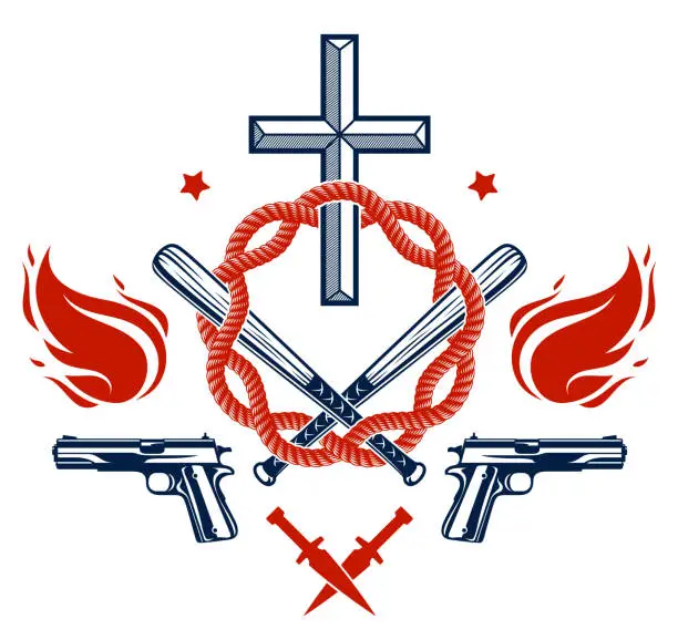 Vector illustration of Gangster thug emblem or logo with Christian Cross, weapons and different design elements , vector tattoo, anarchy and chaos, dead rebel partisan and revolutionary.