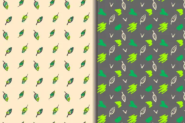 Vector illustration of Leaves decorative seamless patterns, set od 2. Doodle cartoon hand drawn design, brush ink stroke. Geometric grid, bright green color palette. Transparent background