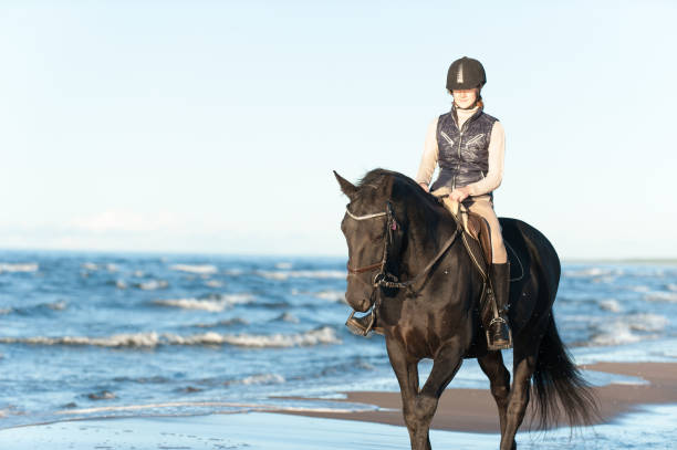 istock Young Lady riding horseback at wavy seaside/ocean coast 1455038103