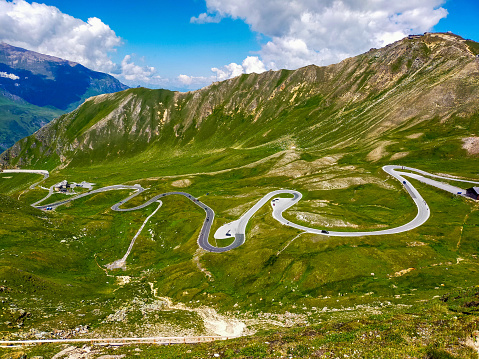 A overview of a hairpin bended road in the Austrian Alps to the Grossglockner