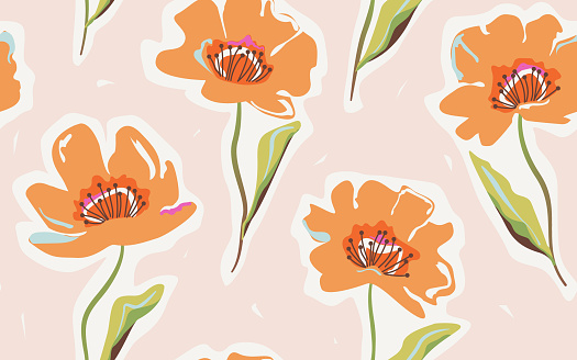 Hand drawn cute orange poppy flowers on a pink background. Modern seamless botanical pattern. Template for design, suitable for postcards, invitations, fabric, wallpaper, wrapping paper, decor.