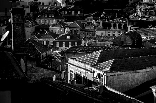 Rooftops of old city, Porto, Portugal. Black and white photo.