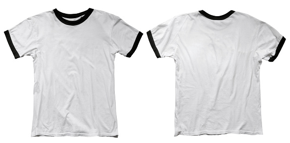 Wrinkled blank white ringer t-shirt template, front and back design isolated on white