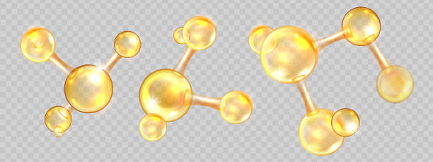 stockillustraties, clipart, cartoons en iconen met gold oil molecule set, jojoba nano 3d cell, collagen yellow ball, vector bio abstract medical icon. - molecuul