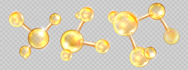 ilustrações de stock, clip art, desenhos animados e ícones de gold oil molecule set, jojoba nano 3d cell, collagen yellow ball, vector bio abstract medical icon. - nanotecnologia