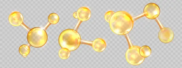 Vector illustration of Gold oil molecule set, jojoba nano 3D cell, collagen yellow ball, vector bio abstract medical icon.