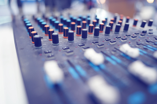 Close up, sound music mixer control panel