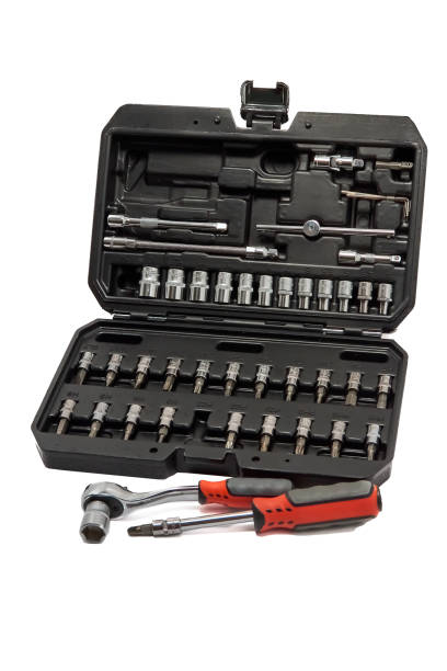 istock Repair kit in plastic case on white background, vertical shot 1455044391