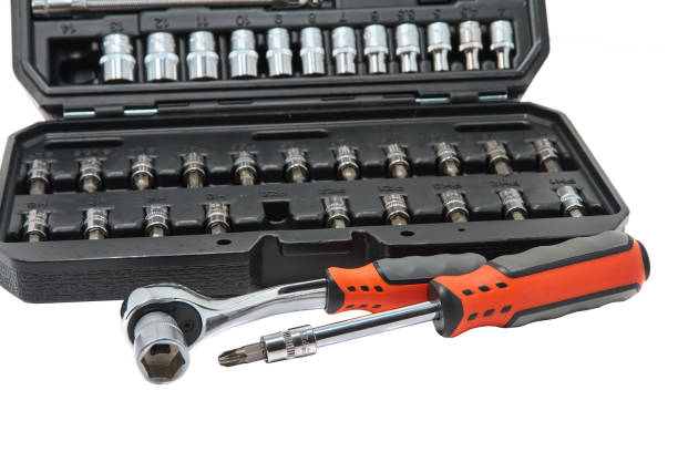 istock Repair kit in plastic case with wrench separately lying on white background 1455044403