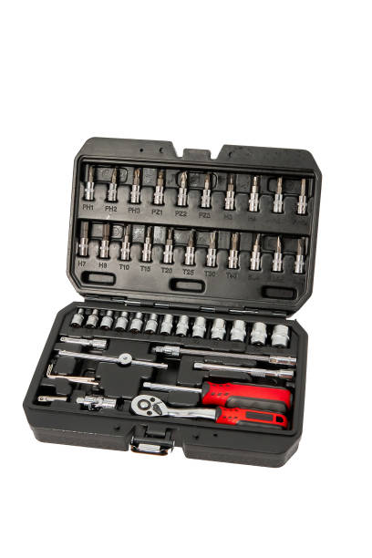 istock Repair kit in plastic case on white background, vertical shot 1455044477
