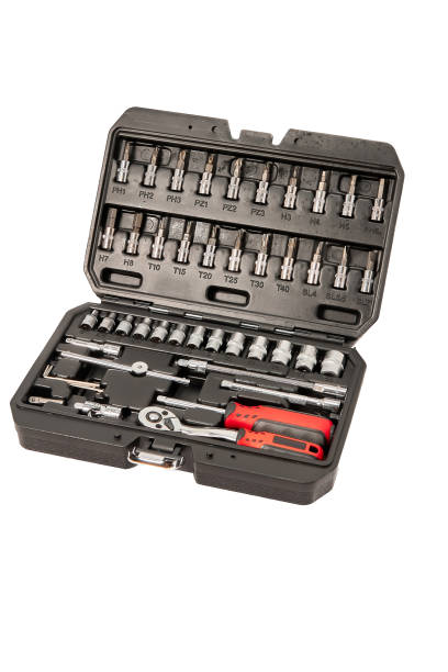 istock Repair tool kit in open plastic case on white background, vertical picture 1455044538