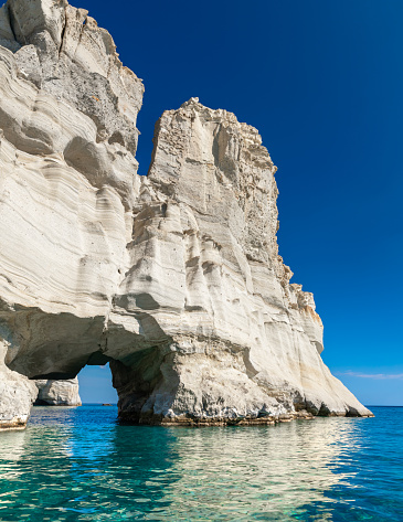 Kleftiko Bay, a scenic attraction with white volcanic rocks and caves. One of the most visited places on the island. Milos Island, Greece. High quality photo