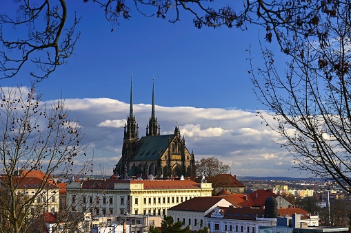 Brno city in the Czech Republic. Europe.Petrov - Cathedral of Saints Peter and Paul. Beautiful old architecture and a popular tourist destination. Landscape in winter.