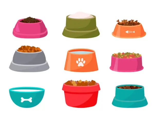 Vector illustration of Dog, cat, animal or pet full food bowl vector illustration. Simple clipart logo icon flat design.