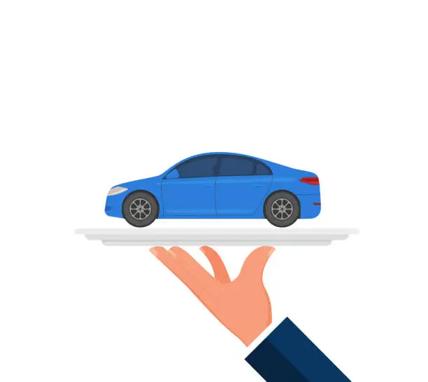 Vector illustration of Hand holding a tray with luxury car.
