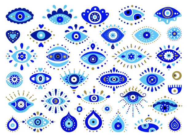Vector illustration of Turkish evil eye symbols. Ethnic style  blue Greek protection from the spoilage signs with golden details.