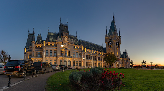Iasi, Romania - October 20, 2022: A picture of the Palace of Culture of Iasi at sunset.
